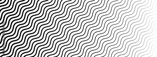 Black curved stripe texture gradient. Wave line pattern wallpaper. Fading wavy linear halftone gradation. Thin to thick zigzag strike background for overlay, print, cover, graphic design. Vector