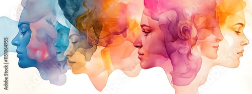 Panel kuchenny z motywem Abstract watercolor painting of diverse female faces in profile, symbolizing unity and diversity.