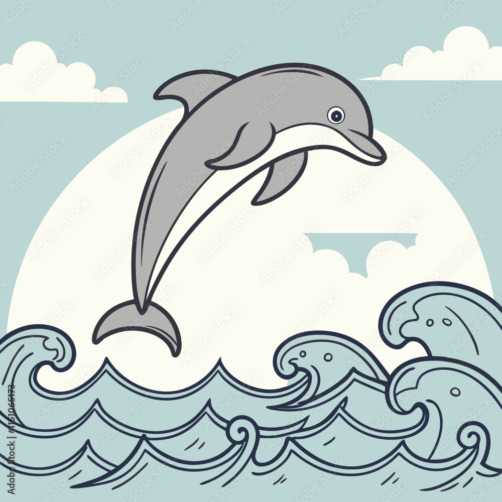 Vibrant vector artwork of a Bottlenose Dolphin leaping gracefully over sea waves. Vibrant vector artwork of a Bottlenose Dolphin leaping gracefully over sea waves.