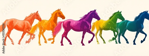 Rainbow-colored horses galloping in a row. photo