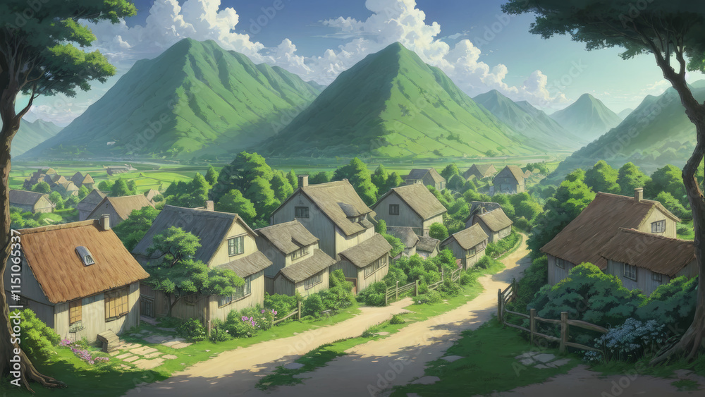 Obraz premium Illustration of an anime landscape background showcasing a quiet village surrounded by lush greenery and tranquil forest trails..