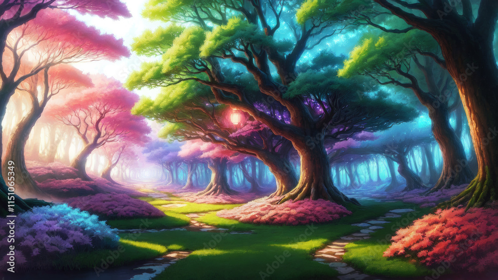 Fototapeta premium Illustration of an anime landscape background of a magical forest filled with ethereal glowing trees and colorful flora..