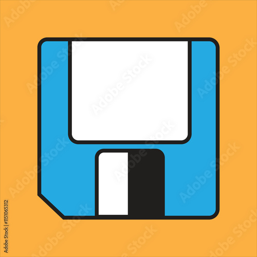 A minimalist blue floppy disk illustration with a bold orange background.