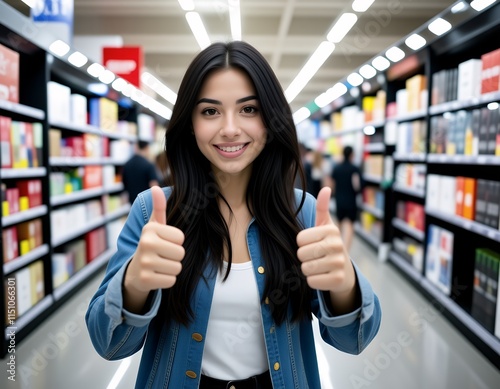 Happy Woman Shopping Thumbs Up Supermarket Grocery Store