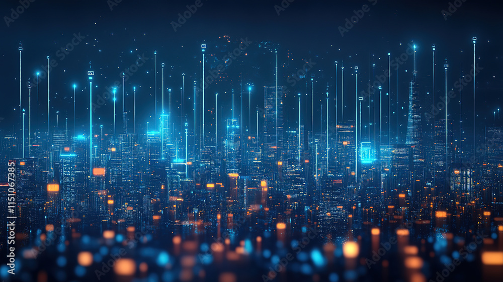 Cyber Cityscape Background Highlighting Fintech Growth with Blue Graphs Cyber Cityscape Background Highlighting Fintech Growth with Blue Graphs