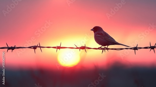 A silhouette of a bird perched on barbed wire against a vibrant sunset backdrop.