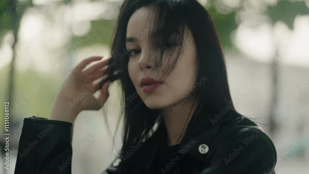 Close-up portrait of a young woman with dark hair wearing a black leather jacket outdoors, with a thoughtful expression. Portrait Of Young Beautiful Woman Outdoors With Thoughtful Expression Close-up portrait of a young woman with dark hair wearing a black leather jacket outdoors, with a thoughtful expression. Portrait Of Young Beautiful Woman Outdoors With Thoughtful Expression