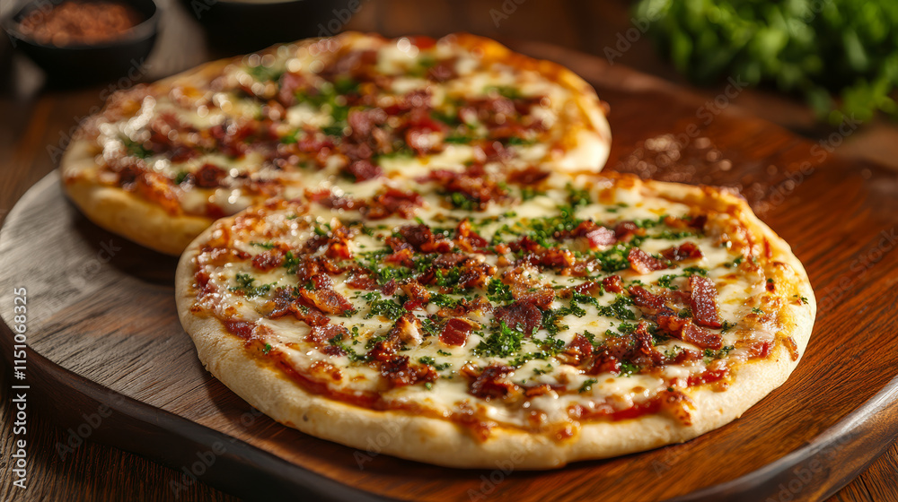 Delicious thin crust pizzas topped with bacon and herbs on wooden board, perfect for sharing and enjoying with friends Delicious thin crust pizzas topped with bacon and herbs on wooden board, perfect for sharing and enjoying with friends