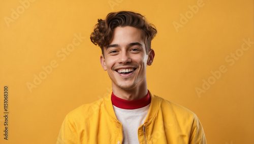 A Cheerful Portrait of a Happy Young Man Radiating Joy Against a Bright Yellow Background photo