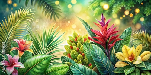 AI Watercolor Tropical Plants, Hand Drawn, Candid Photography, Botanical Art