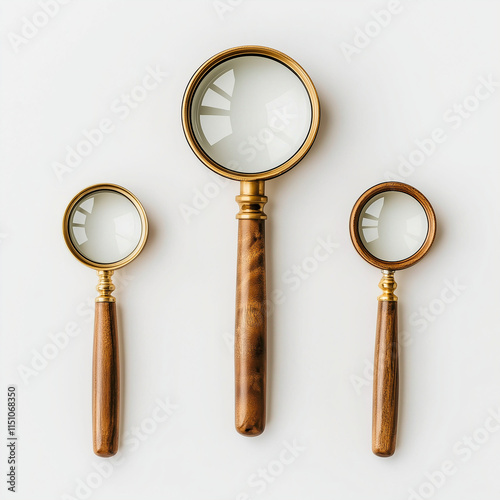 Vintage wooden handle magnifier in different sizes isolated white background