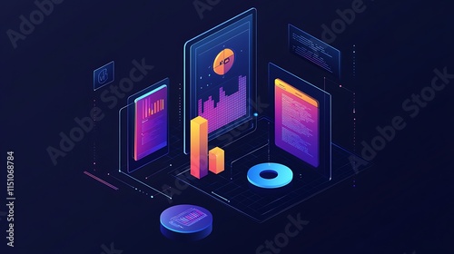 Isometric illustration of data analytics and visualization on digital devices.