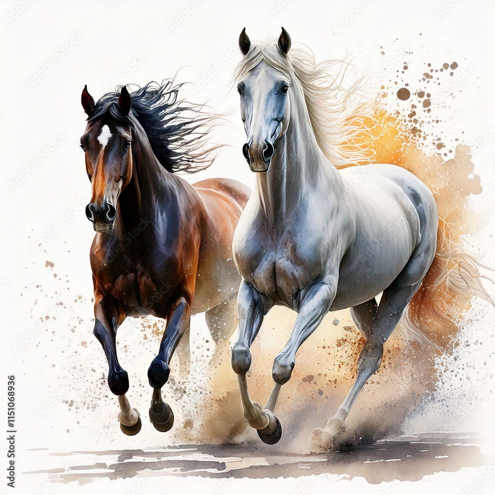 Obraz premium Dynamic Gallop of Black and White Horses