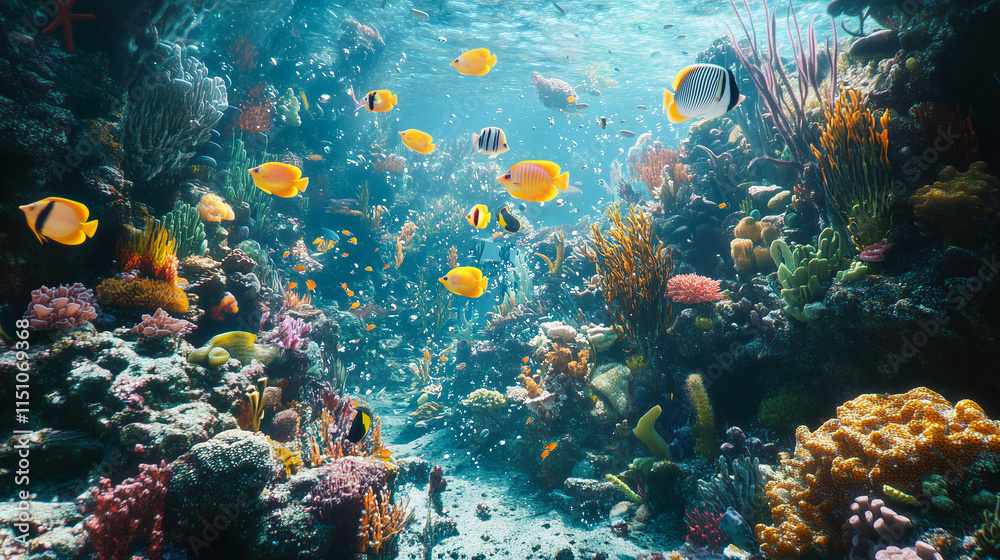 Fototapeta premium tropical fish swimming through a coral reef, vibrant and detailed underwater scenery
