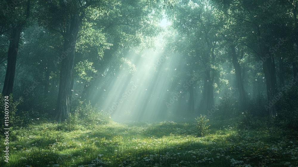 Sunlit forest path, wildflowers, ethereal mist. Sunlit forest path, wildflowers, ethereal mist.