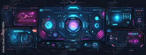 Futuristic digital interface with glowing neon displays and central control panel.