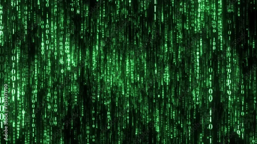 デジタルな仮想空間　フェードイン＆フェードアウト　数字の0と1　グリーン　ループ