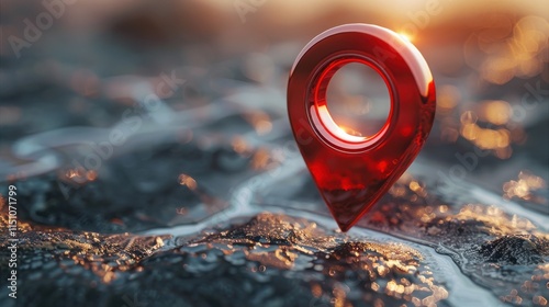 Red location marker pin placed on textured surface with dramatic lighting creating navigation concept image