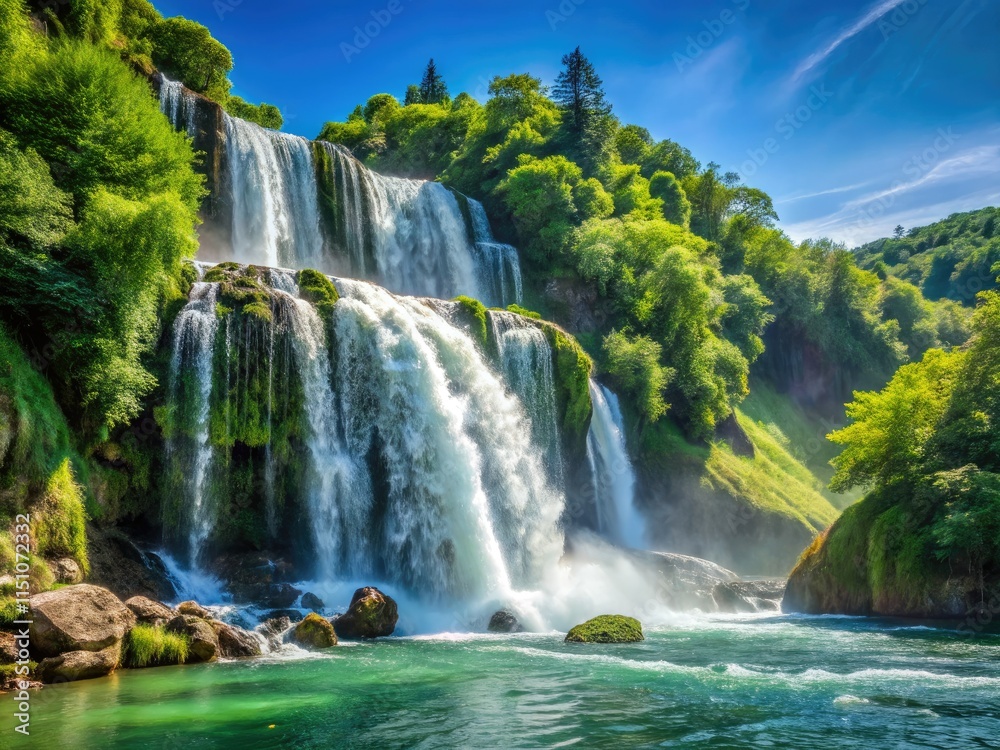 Fototapeta premium Majestic waterfall cascades down lush mountains, a pristine river flows beneath clear skies.