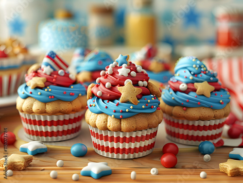 Festive cupcakes with red, white, and blue frosting and sprinkles photo