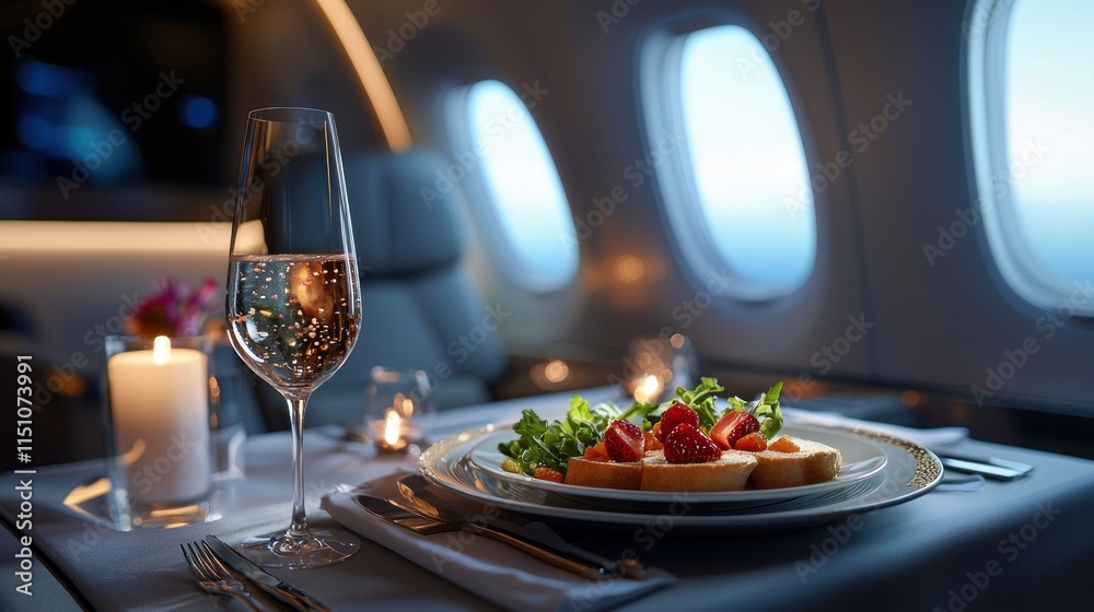 Elegant In-Flight Dining Experience Featuring Gourmet Meal with Fresh Ingredients, Fine Glassware, and Ambient Lighting on a Luxury Private Jet