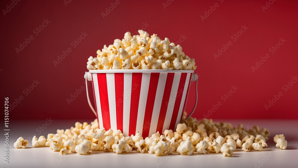 A Classic Red and White Paper Bucket Overflowing with Delicious Popcorn for Movie Nights A Classic Red and White Paper Bucket Overflowing with Delicious Popcorn for Movie Nights