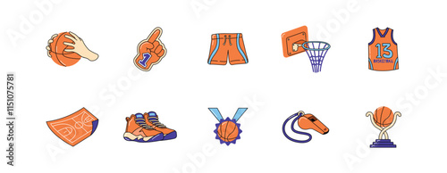 Basketball Element Set, Basketball Vector Set. Basketball Icons Representing Equipment, Accessories, and Activities