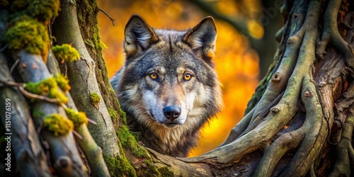 Big Bad Wolf Hiding, Tilt-Shift Photography, Wolf Behind Tree,  Peek-a-boo photo