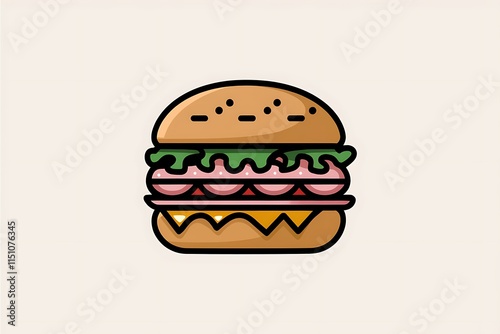 Delicious Hamburger Illustration Bun, Cheese, Ham, Lettuce