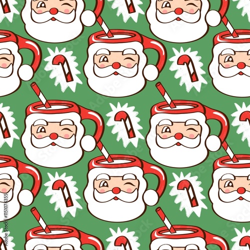 Cartoon pattern Santa Claus glass colorful background in rows and rows hand drawn seamless wallpaper paper notebook gift wrap fashion clothing children cute beautiful festival