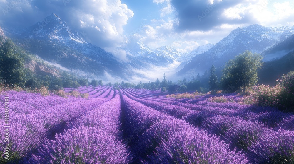 Naklejka premium Lavender fields nestled in a misty mountain valley.