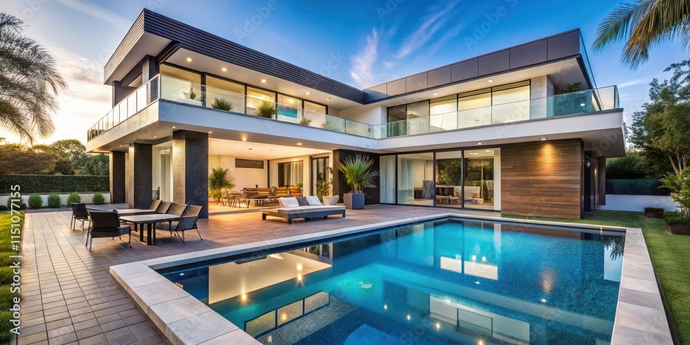 Fototapeta premium Luxurious modern home with a spacious pool and stylish patio , luxury, modern, home, pool, patio, design