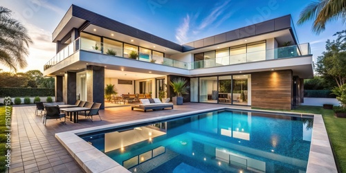 Luxurious modern home with a spacious pool and stylish patio , luxury, modern, home, pool, patio, design