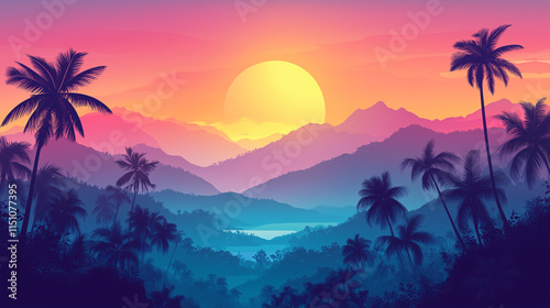 Tropical sunset over palm-laden hills exotic landscape vibrant gradient serene environment nature's beauty