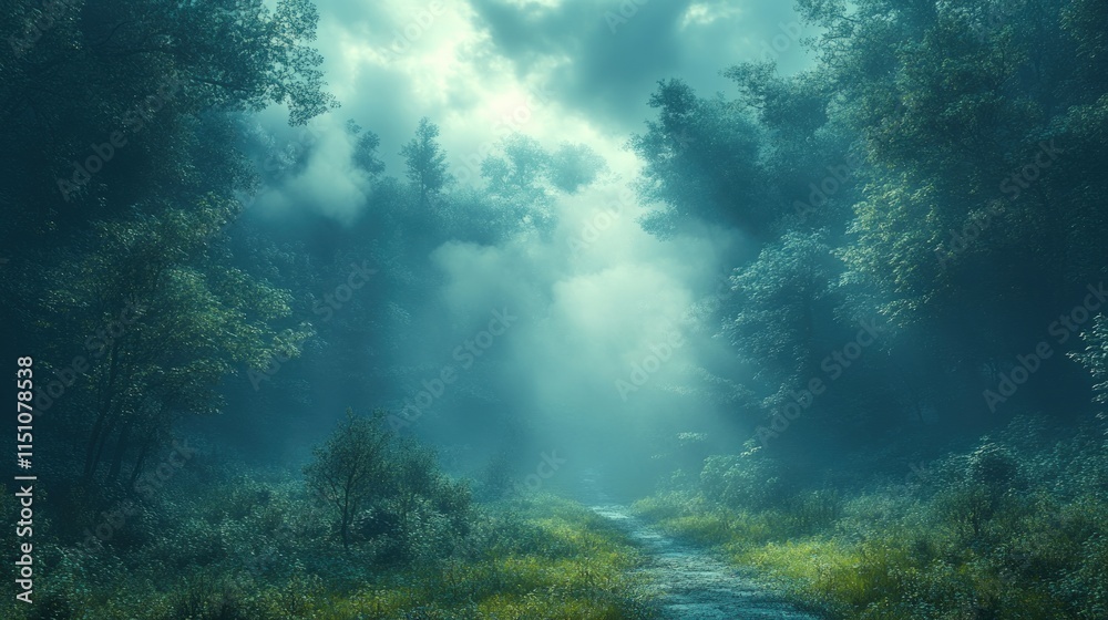 Fototapeta premium Misty forest path, ethereal, serene, green.