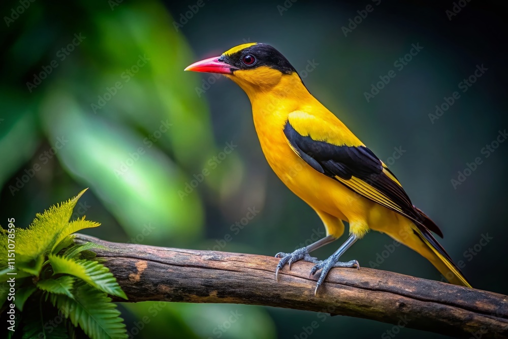 Fototapeta premium Black-naped Oriole, Low Light, Bird on Tree, Yellow Bird, Night Photography, Wildlife, Nature, AI Art, Photorealistic, Detailed, Realistic, Feathered, Sharp Focus, Silhouette, Dramatic Lighting, 
