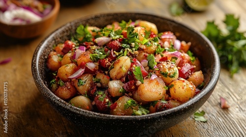 Photorealistic Side View of Aloo Chaat in a Bowl with Fresh Ingredients and Textures on a Wooden Table
