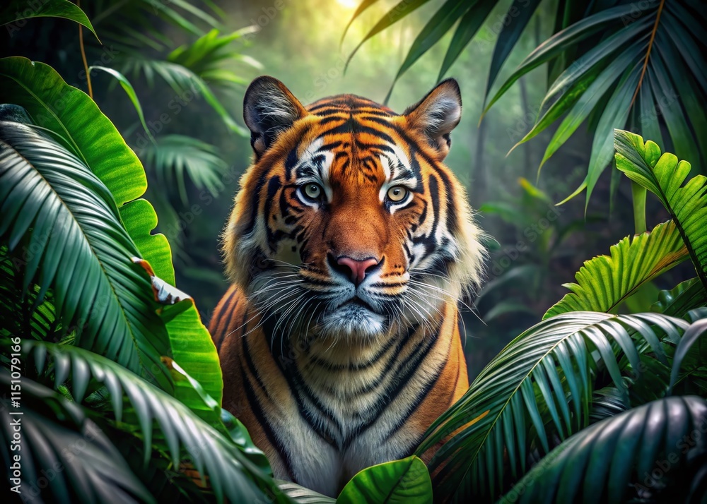Fototapeta premium Black Tiger in Jungle, Wildlife Photography, Tropical Forest, Dense Vegetation, Ferocious Beauty, Predator, Nature, Wild, Majestic, Stunning, Photorealistic, AI Art, Food Styling, Food Phot