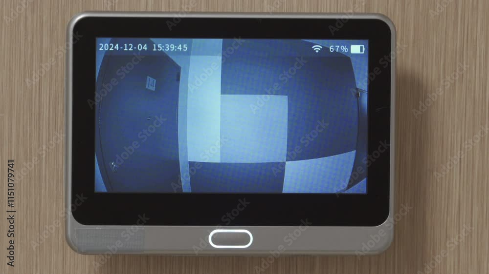 Apartment front door peep hole camera motion detector. looking at screen of digital door peephole viewer. Apartment front door peep hole camera motion detector. looking at screen of digital door peephole viewer.