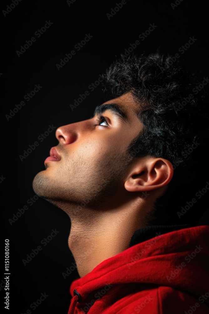 Man looking up in red hoodie Man looking up in red hoodie