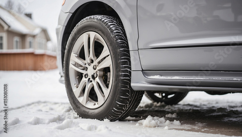 A Side View of a Gray Car Equipped with Winter Tires Ready for Cold Weather Driving photo