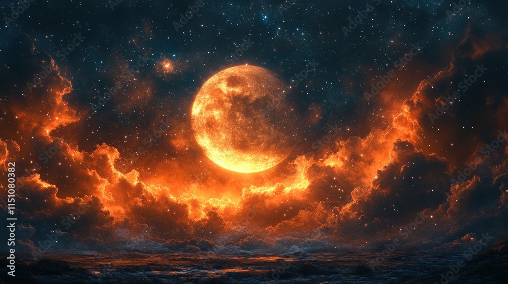 Obraz premium Fiery orange moon, starlit sky, fiery clouds.