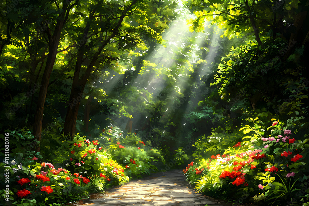 Obraz premium Lush Green Forest Pathway with Colorful Flowers and Sunlight Streaming Through Tree Canopy