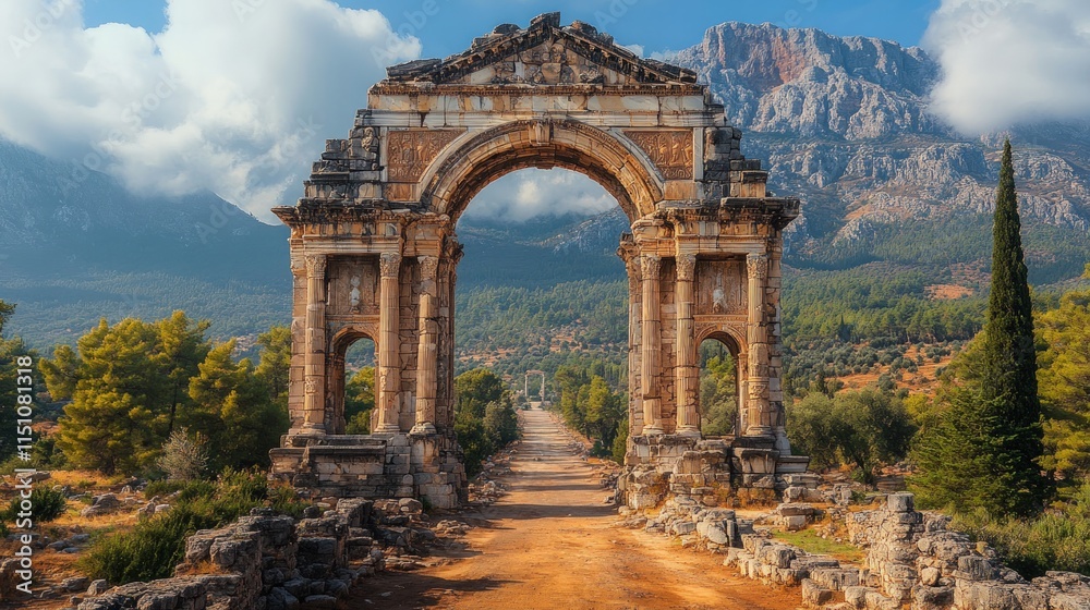 Fototapeta premium Ancient stone archway, road, mountain backdrop.