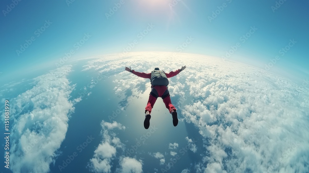 Naklejka premium A skydiver free falling through clouds under bright blue skies.