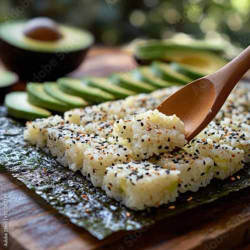 Freshly cooked sushi rice being spread onto a nori sheet for rolling. photo