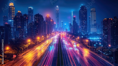 Night city highway, skyscrapers, vibrant light trails.