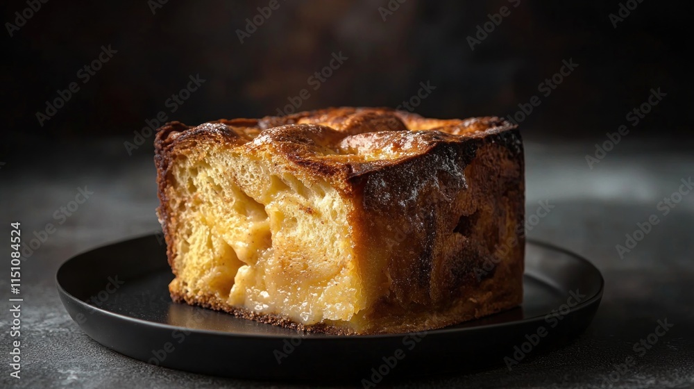 Photorealistic Side View of Delicious Bread Pudding on a Dark Plate Against a Subtle Background Photorealistic Side View of Delicious Bread Pudding on a Dark Plate Against a Subtle Background