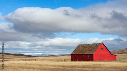 A peaceful rural farm with a red barn and open fields