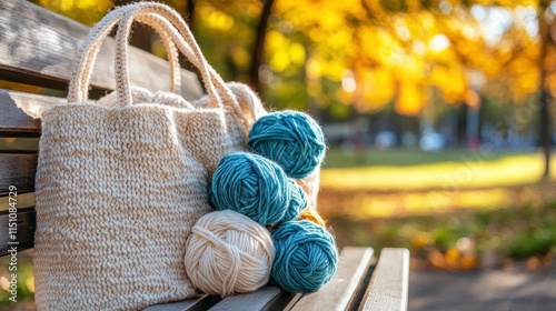 Cozy Yarn and Bag on a Park Bench in Autumn Light